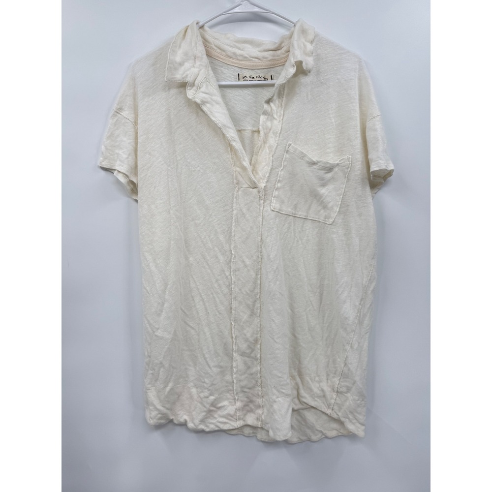 We The Free Medium Polo Shirt Womens Ivory Linen Blend Raw Seam Oversized